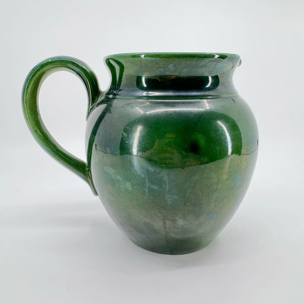Williams Sonoma 2 Lit Green Stoneware Pitcher Farmhouse Crock Utensil Holder Jug